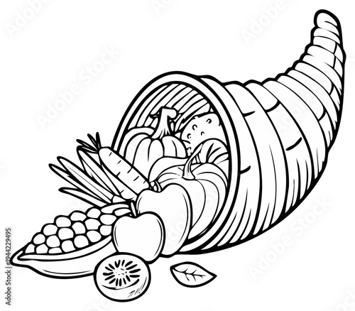 Cornucopia Filled with Fall Harvest Vegetables and Fruits - Black and White Outline Drawing