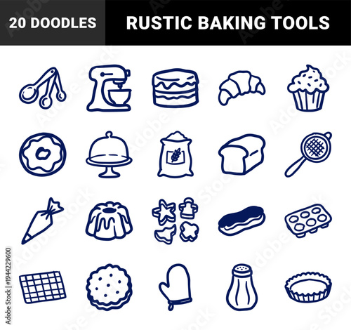 Hand-drawn bakery and pastry shop elements with rustic marker sketch aesthetic. Naive doodle illustrations of baking tools, desserts, and kitchen equipment.
