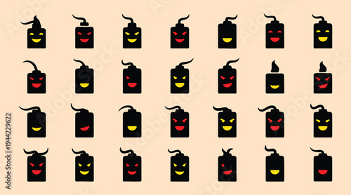 Collection of cartoon devil face spray paint cans with different expressions on peach background  various emotions and designs