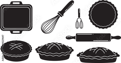 Black and white illustration of baking tools and pies