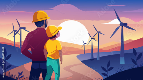 Vector illustration of man and child looking at wind turbines