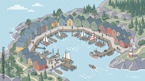 Detailed illustration of a colorful Scandinavian fishing village with wooden houses, sailboats in the harbor, and a lighthouse overlooking the serene landscape. Perfect for travel, tourism.