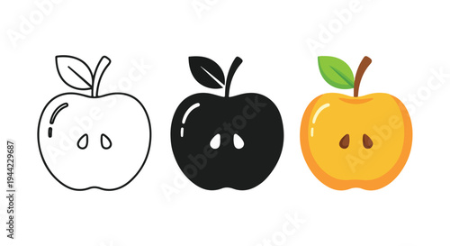 Three different styles of apples shown in outline, silhouette, and colorful illustration on a white background