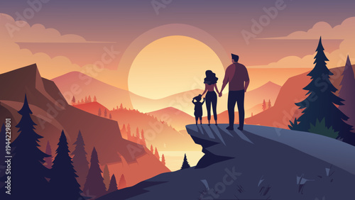 Vector family silhouette on mountain cliff at sunset