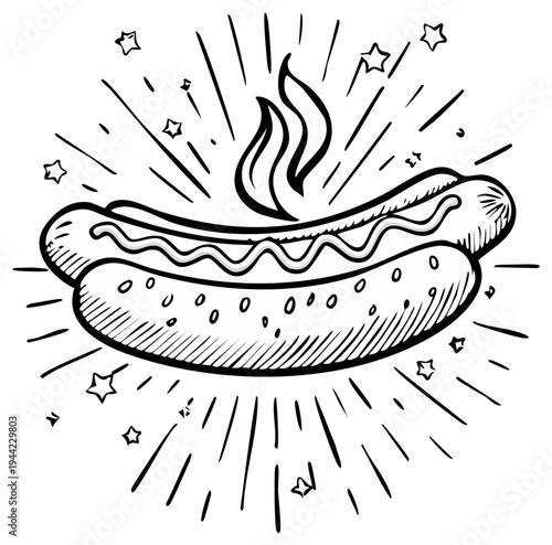 Drawn hot dog sandwich illustration with rays and stars