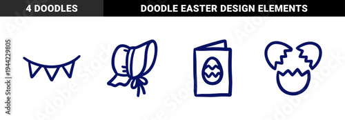 Easter celebration and baby shower elements for organic brand identity. Rustic, naive marker sketch illustrations featuring festive bonnet and egg concepts.