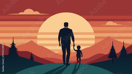 Vector illustration of man and child walking towards sunset