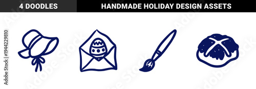 Hand-drawn Easter holiday and spring celebration elements for rustic brand identity. Naive marker sketch illustrations of egg, bonnet, and hot cross bun.