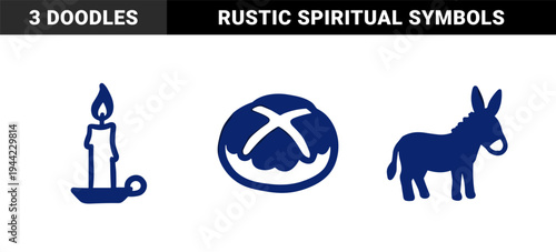 Hand-drawn rustic spiritual and pastoral elements for organic brand identity. Naive wax candle, traditional bread, and donkey silhouette in a crude marker style.