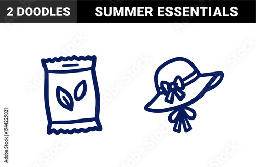 Hand-drawn sun hat and organic tea bag illustrations for summer lifestyle branding. Rustic naive marker sketch elements with a charmingly crude aesthetic.