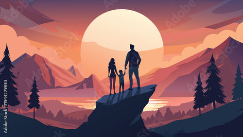 Vector family silhouette on mountain at sunset