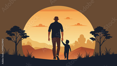 Vector illustration of a man and child walking at sunset