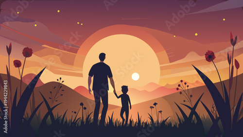 Vector illustration of a father and child at sunset