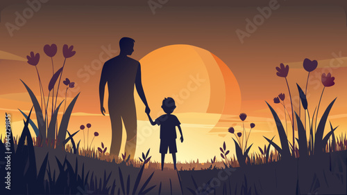 Silhouette of father and child holding hands at sunset