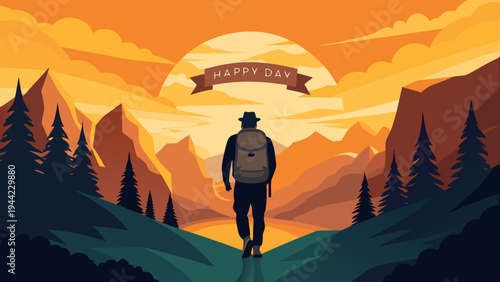Vector illustration of man walking towards sunset in mountains