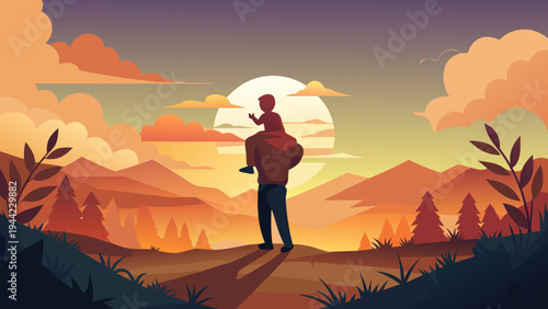 Vector illustration of man with backpack on hill at sunset