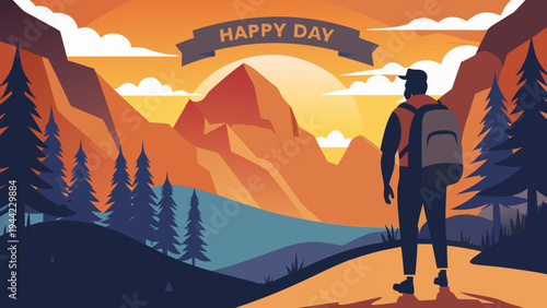 Vector illustration of man hiking at sunset with mountains
