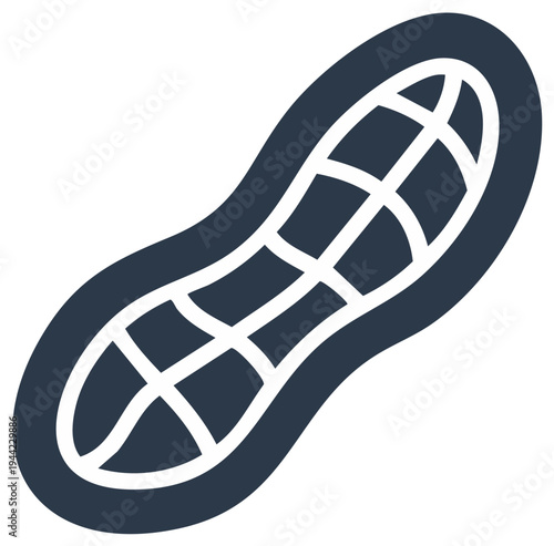 Stylized peanut illustration in dark blue with white highlights isolated on white background.