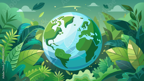 Vector illustration of Earth surrounded by green leaves and foliage