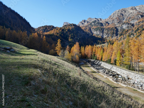 Autumn in the Alps. Chardonney, a hamlet of Champorcher, Aosta Valley, Alps, Italy.