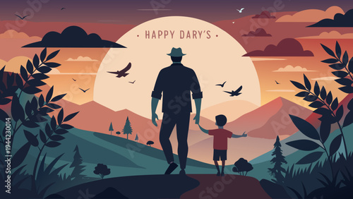 Vector illustration of father and son walking at sunset landscape