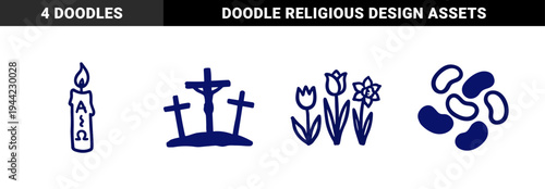 Hand-drawn Easter and Christian religious symbols in a naive marker sketch style. Rustic spiritual illustrations featuring Lent and spring motifs.