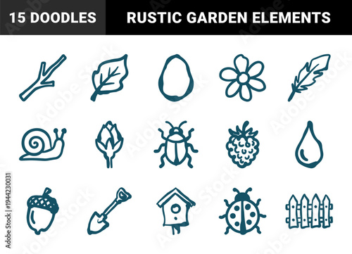 Hand-drawn garden and nature elements for organic brand identity. Rustic, naive marker sketch drawings featuring backyard and spring concepts.
