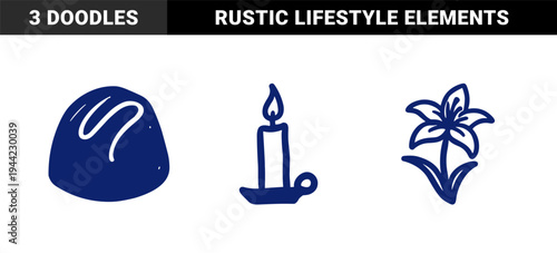 Hand-drawn cozy lifestyle elements including candle, chocolate truffle, and lily flower. Naive blue marker sketch for rustic brand identity.