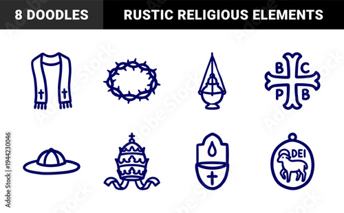 Catholic Liturgical and Devotional Elements for Religious Education. Rustic, Hand-Drawn Minimalist Line Art Featuring Sacred Christian Symbols and Clergy Vestments.