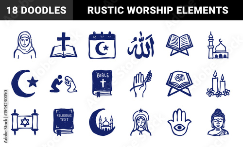 Hand-drawn religious symbols and spiritual elements for multi-faith identity. Rustic blue marker sketch illustrations featuring diverse cultural and worship concepts.
