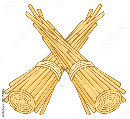 Vector illustration of two crossed bundles of dried straw or reeds tied with twine