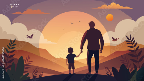 Vector illustration of man and child watching sunset