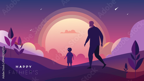 Vector illustration of man and child walking at sunset