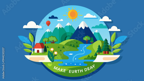 Vector eco-friendly landscape illustration with MAKE EURTH DAY text