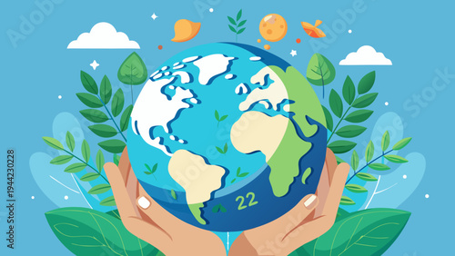 Vector illustration of hands holding Earth globe with leaves