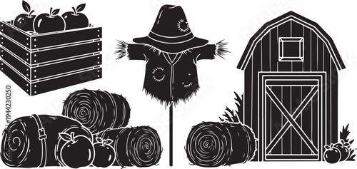 Farm Harvest Illustration with Scarecrow and Barn Elements