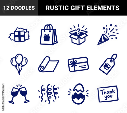 Hand-drawn gift and celebration elements for festive branding. Rustic, naive marker sketch illustrations featuring birthday and holiday party concepts.