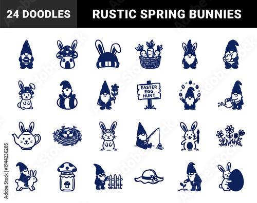 Hand-drawn Easter gnomes and spring garden elements for seasonal branding. Rustic naive marker sketch illustrations featuring bunnies and gnomes.