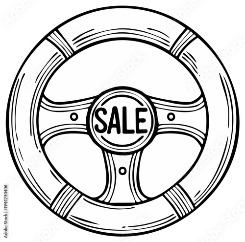 Steering Wheel with Sale Sign on Center Symbolizing Automotive Sales and Deals