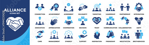 Alliance icons set collection. Contains partnership, cooperation, leadership, trust, communication, and business collaboration