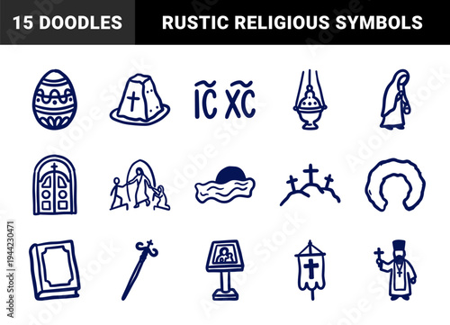 Orthodox Easter celebration elements in a rustic hand-drawn doodle style. Naive marker sketch illustrations featuring pascha cake, egg, and church symbols.