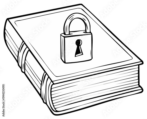 Illustration of a closed book secured with a padlock representing privacy and protected knowledge.