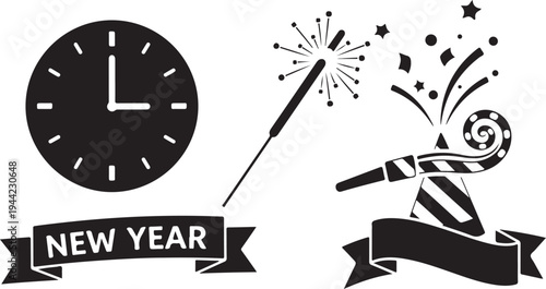 New Year Celebration with Clock and Fireworks Elements Design