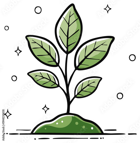 A simple cartoon drawing of a green seedling growing in fertile soil with small sparkling stars and circles