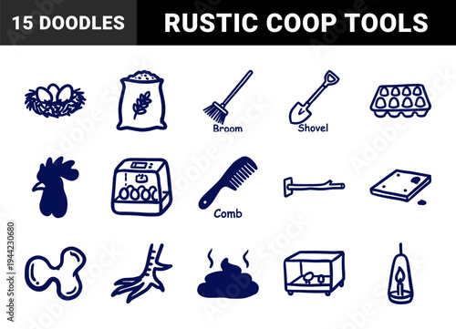 Poultry farming and chicken coop management elements for rustic brand identity. Naive hand-drawn marker sketch illustrations of farm life.