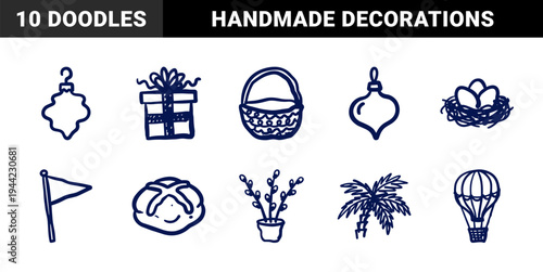 Hand-drawn rustic celebratory and nature elements for organic brand identity. Naive marker sketch illustrations featuring holiday and seasonal concepts.