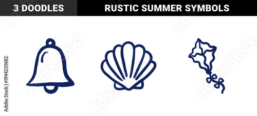Hand-drawn nautical and summer symbols for organic branding. Rustic naive marker sketches featuring a seashell, hand bell, and decorative kite.