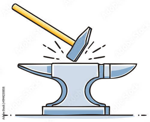 Hammer striking an anvil with sparks flying creating metal art