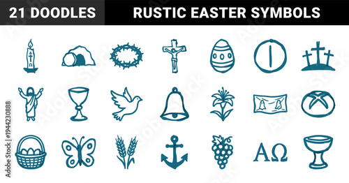 Christian Easter and religious symbols for spiritual branding. Crude marker sketch naive doodle illustrations of crucifixion, resurrection, and faith.