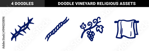 Hand-drawn biblical and vineyard elements for religious brand identity. Rustic, naive marker sketch featuring rope, thorns, cloth, and grapes.